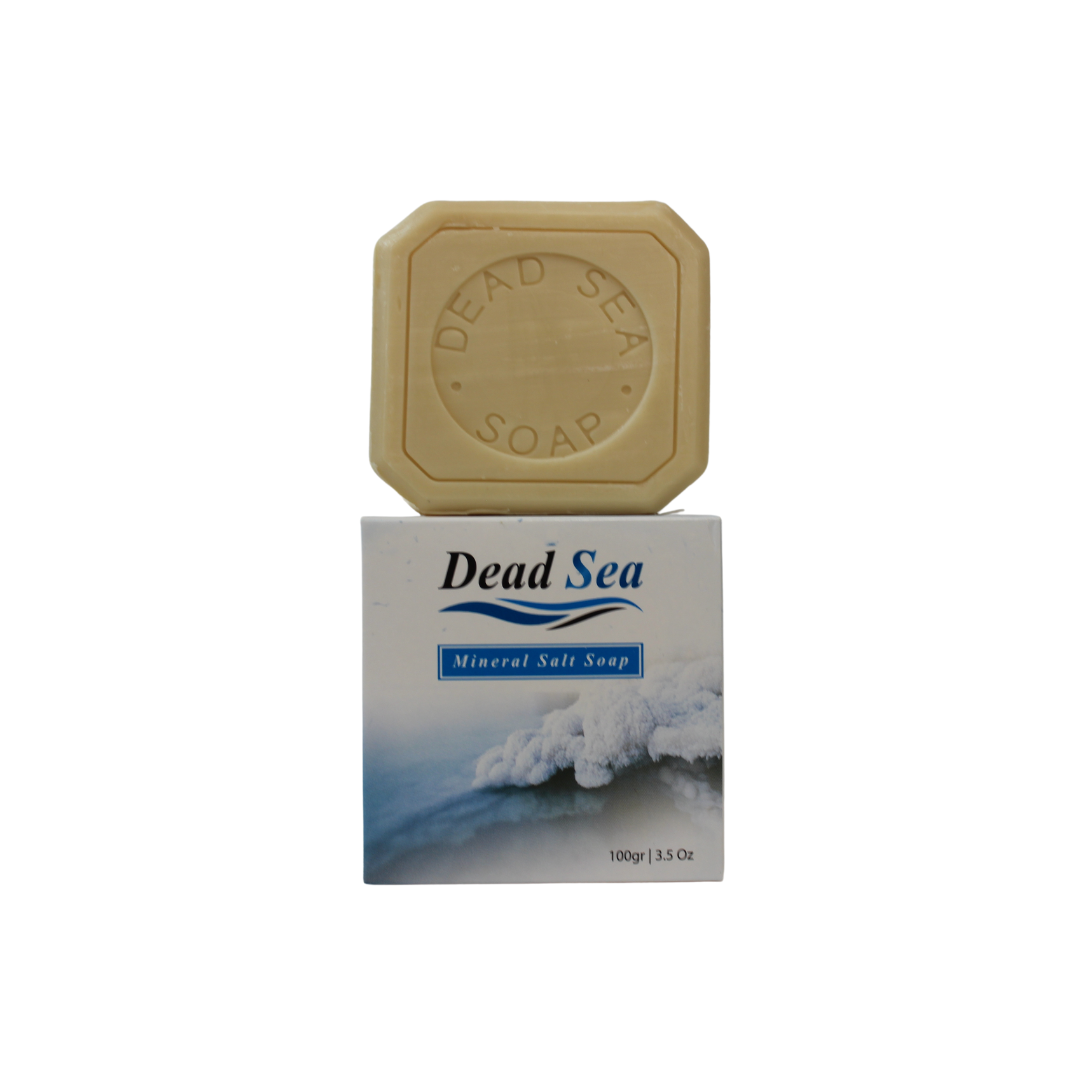 dead sea salt and olive oil soap with the soap bar on top of the packaging reading dead sea mineral salt soap